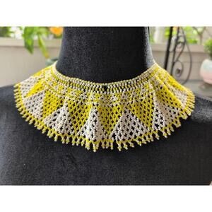 African Beaded Ceremonial Collar Necklace Yellow White Tribal Statement